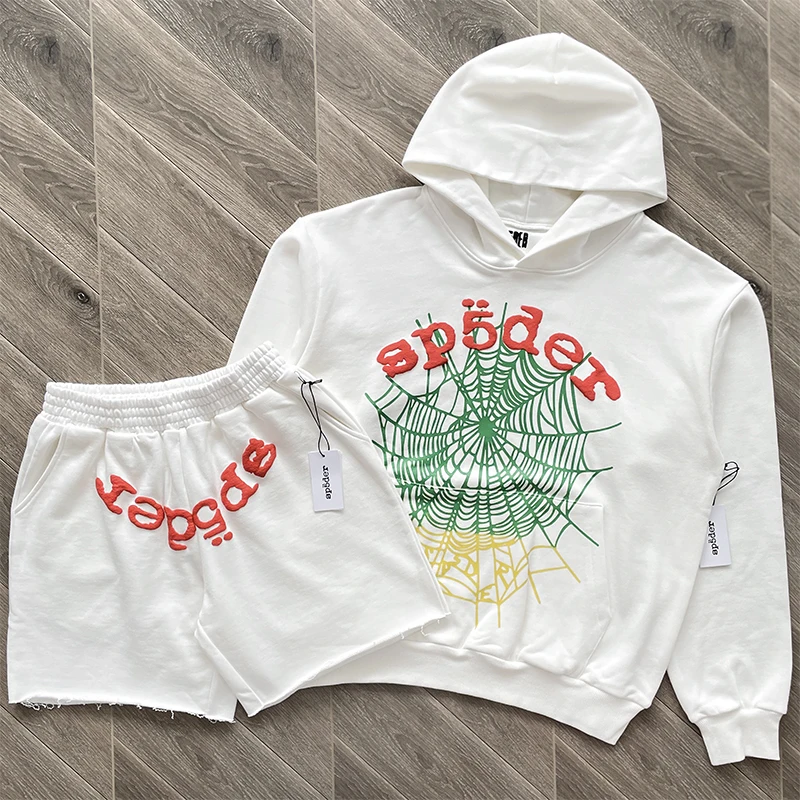 

Классический комплект с принтом паутины: худи и шорты для мужчин и женщин, повседневный спортивный костюм с длинными рукавами, молодежная осенняя мода.