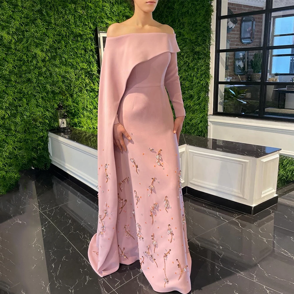 Fashion Prom Dress Saudi Arab Party Gown Customized Long Sleeve Beading Pearls Formal Evening Dresses with Cape Robe Soiree