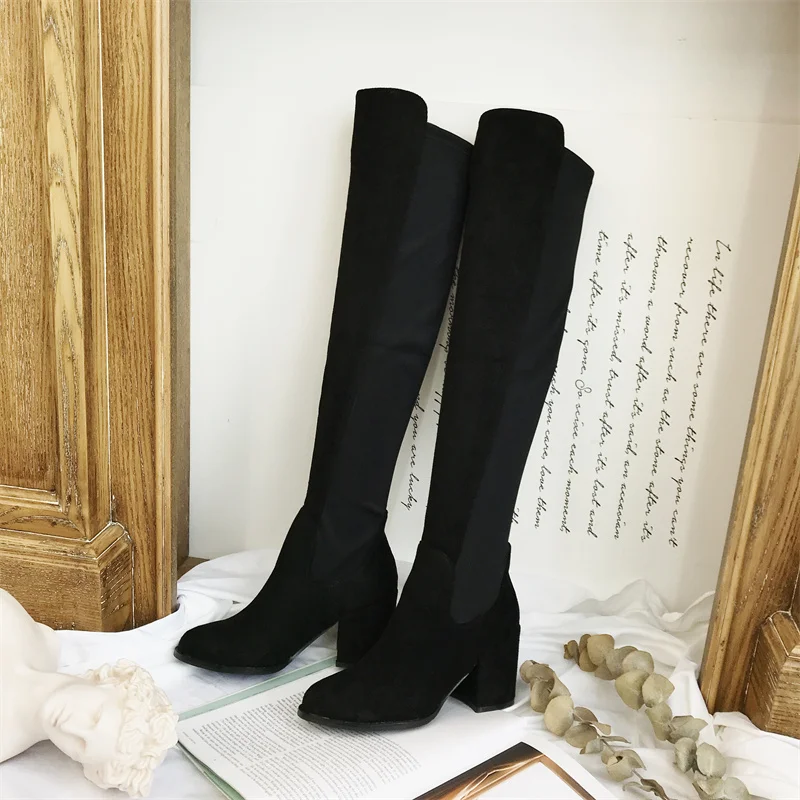 Black Knee High Boots Women Suede Round Toe Chunky Shoes Fall Plus Size 43 Long Boots Lelastic Force Over The Knee Botas Mujer