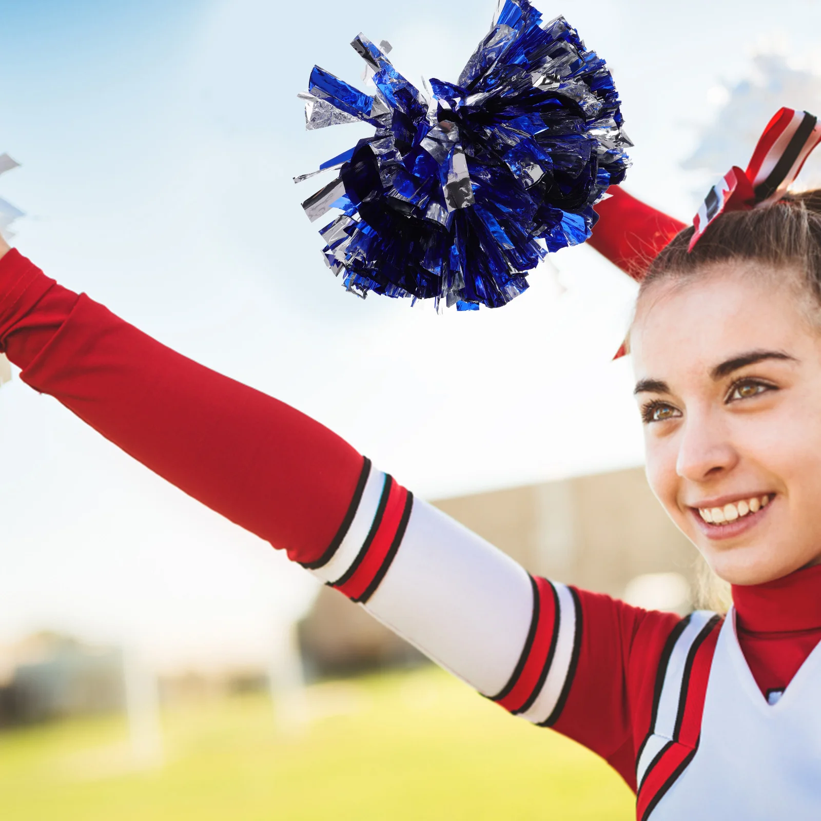 

Cheerleader Pom Poms Blue Silver Metallic Foil Vibrant Durable Soft Comfortable Excitement Sports Dance Cheerleading Party