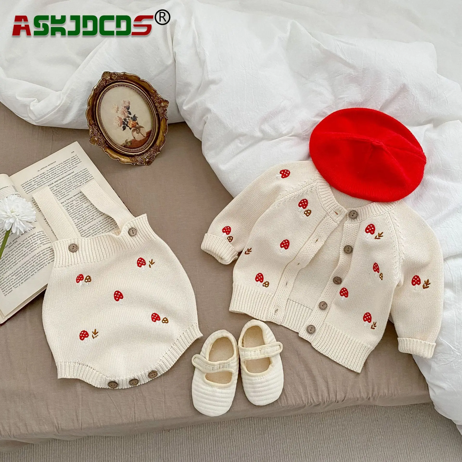 

2023 Autumn Spring Baby Girls Cute Mushroom Embroidered Sweater Coat + Sleeveless Romper Overall Toddler Clothes (0-3Y)