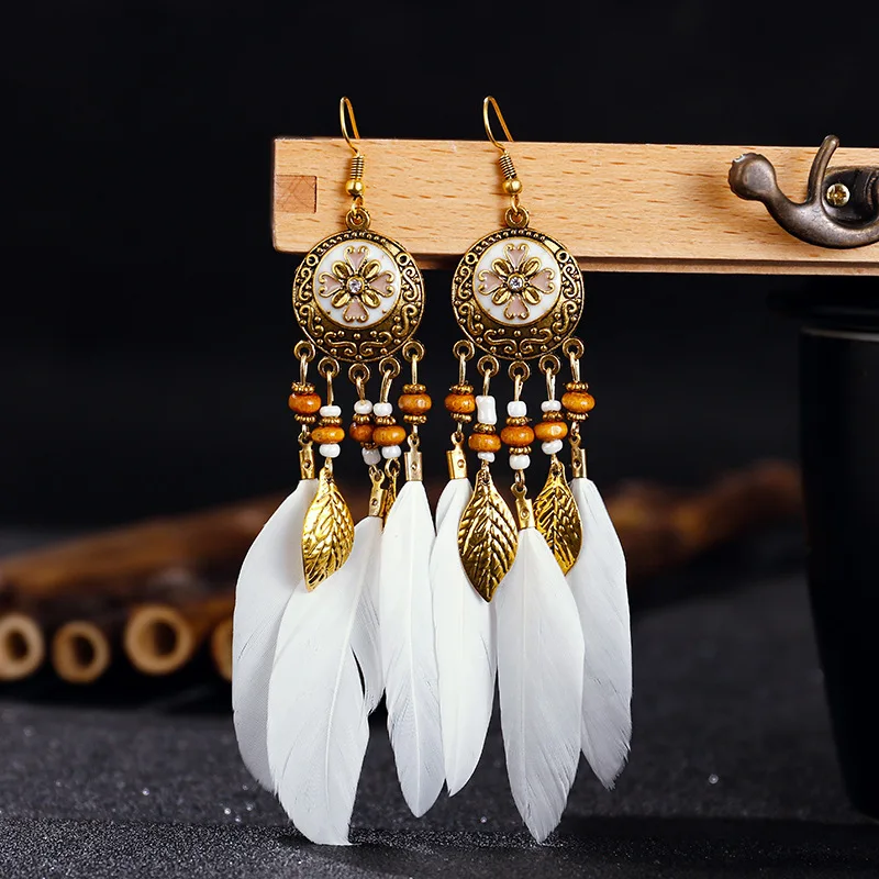 Bohemian Vintage Jewelry For Women 2024 Trendy Carved Leaf Feather Tassel Long Earrings