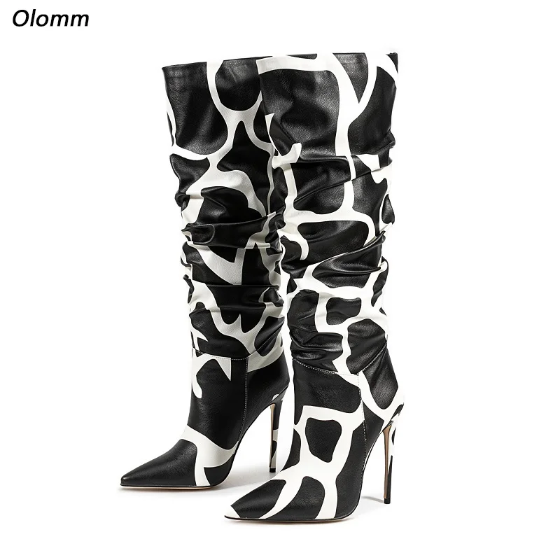 Olomm Women Winter Knee High Boots Faux Leather Sexy Stiletto Heels Pointed Toe Pretty Cow Pattern Party Shoes Plus US Size 5-15