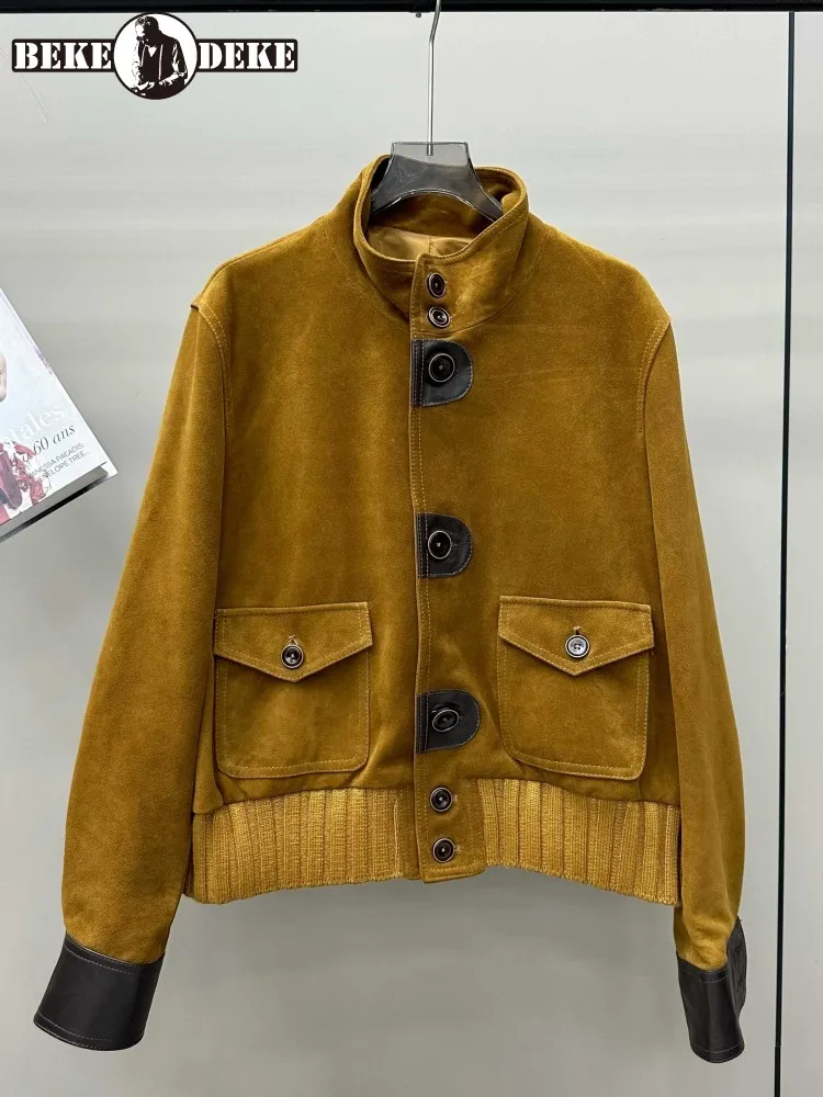 Women Genuine Leahter Jacket Stand Collar Long Sleeve Casual High Street Outerwear Patchwork Suede Sheepskin Short Coat Female