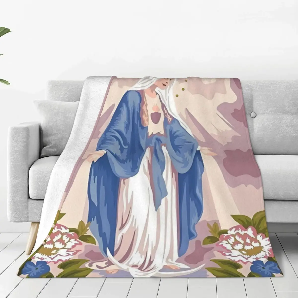 Custom 3D Printed Virgin Mary Blankets Breathable Soft Flannel Summer Throw Blanket for Couch Travel Bedroom