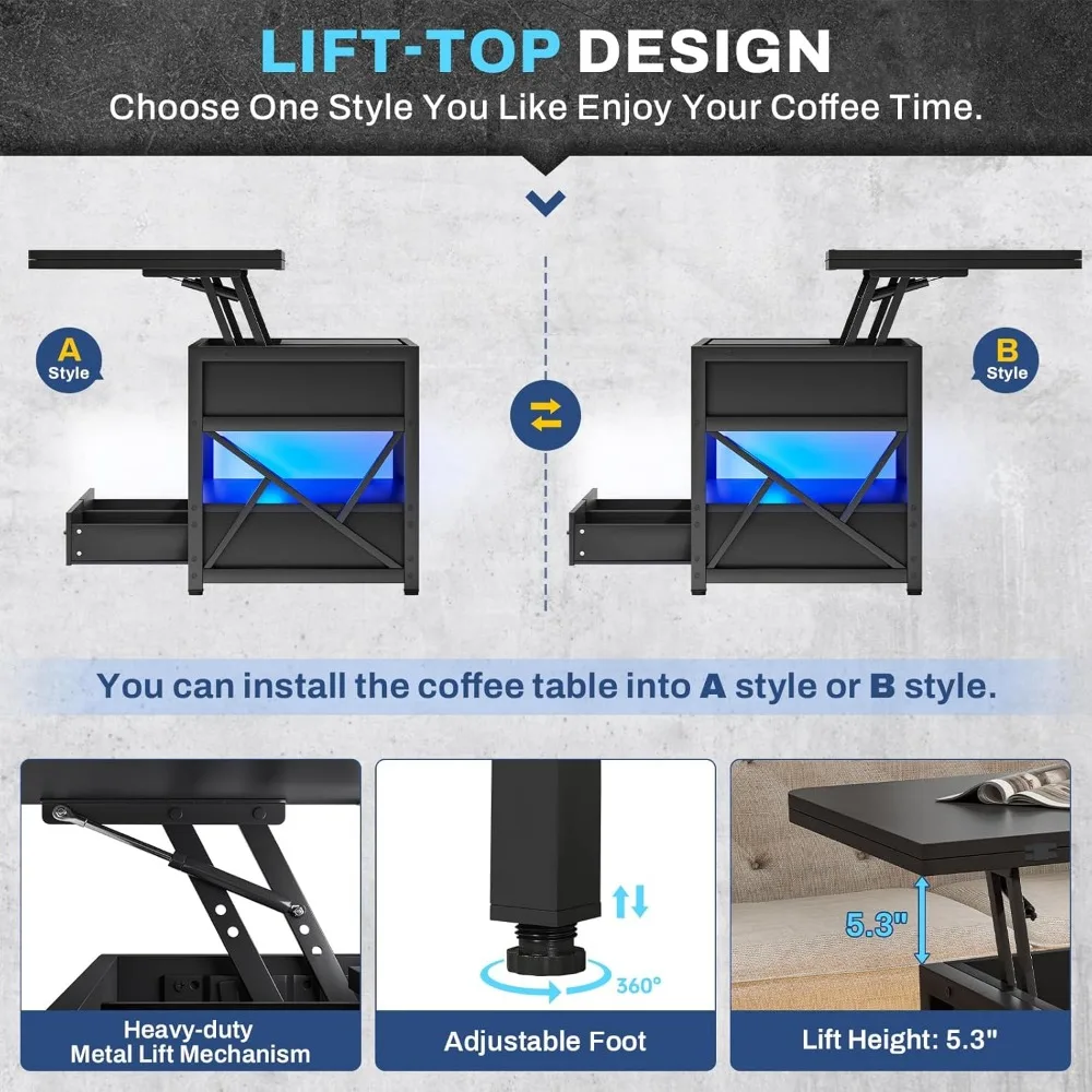 Table Basse 4 en 1 avec Rangement, Idéale pour Restaurant, Salle de Réception, avec 2 Broches de Proximité, Lumière LED, 40 Pouces