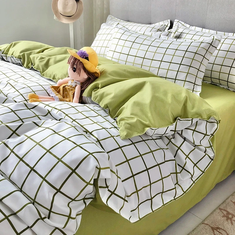 

Ins Green Grid Bedding Set Thin Polyster Bed Linen Lattice Duvet Cover Boys Adults Bedspread Flat Sheet Quilt Cover Full Size