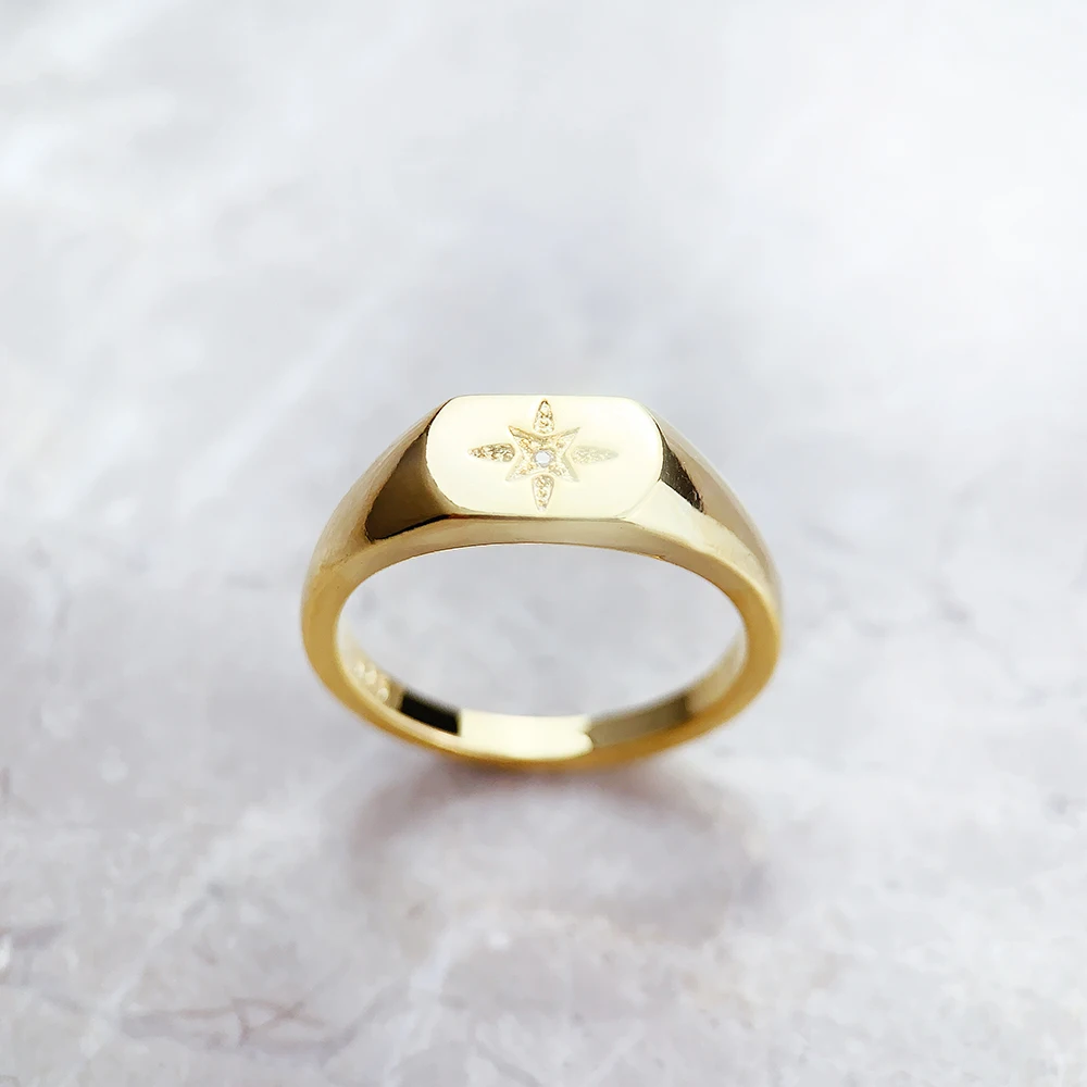 Siegelring, Vintage-Stern, Gold, Europa-Stil, nostalgischer feiner Schmuck für Frauen, Sommer, brandneues Geschenk aus reinem 925er-Sterlingsilber – Detail 6