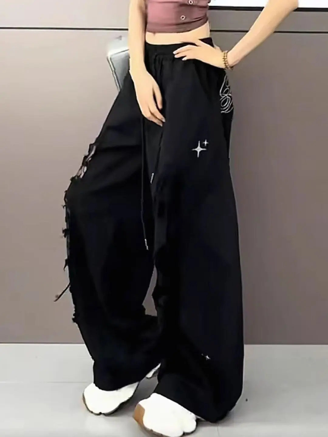 

Женские джинсы больших размеров с высокой талией, свободные, широкие штанины, с рваными элементами, модные, весна-осень, 300 Pou