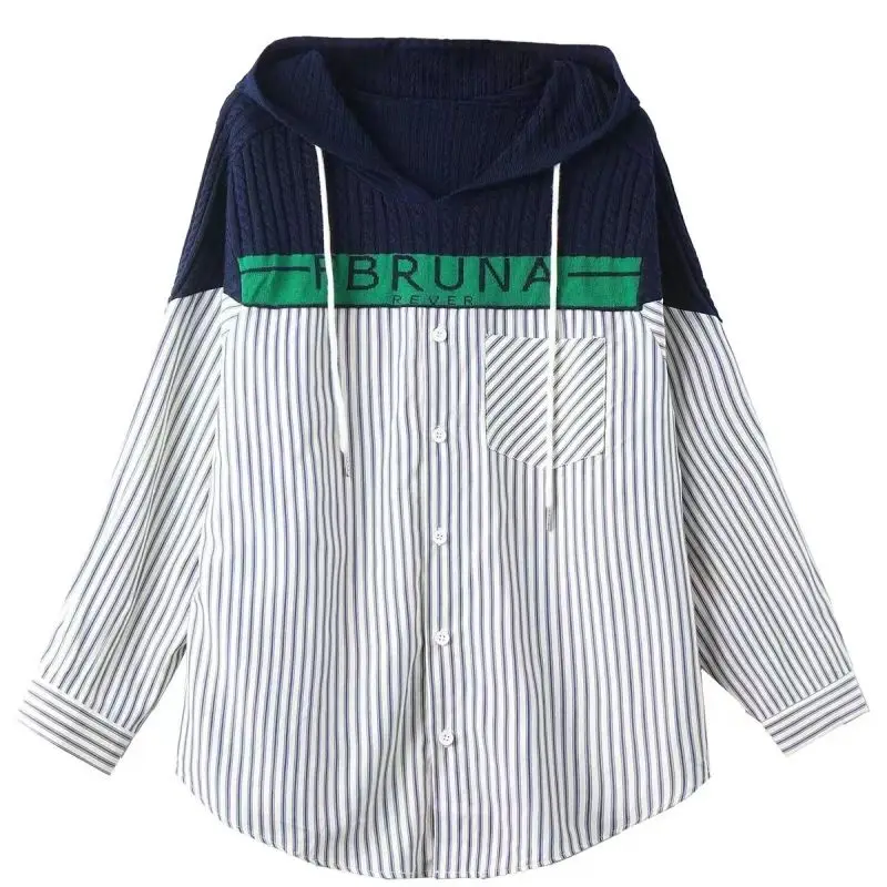 Spring and Autumn Women\'s Pullover Hooded Panel Button Striped Shirt Loose Fit Long Sleeve Knitted Sweater Fashion Elegant Tops