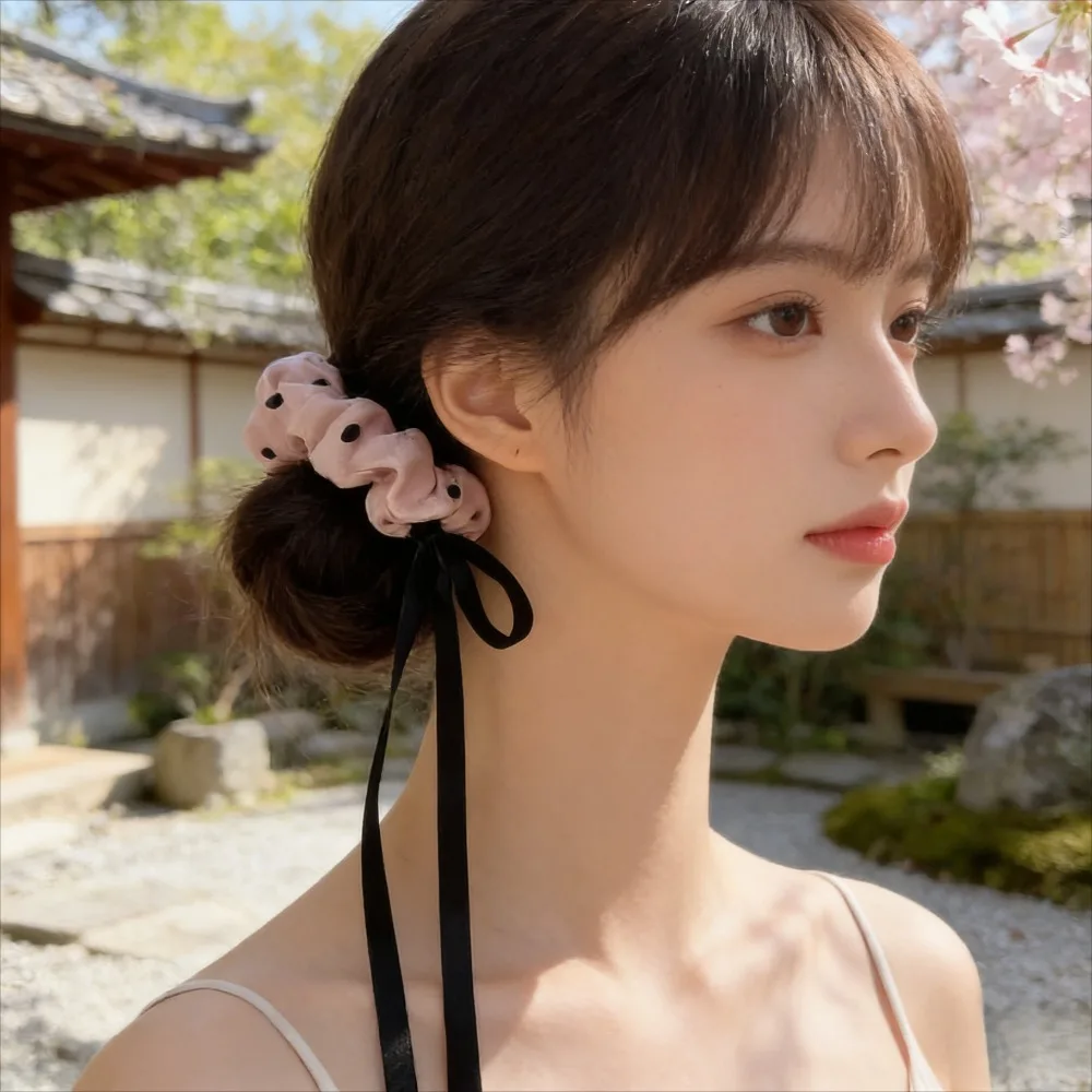 

Pink Polka Dot Satin Large Intestine Headband Bow Ribbon Hair Rope Super Fairy Ballet Wind Rope Rubber Band Hair Accessories