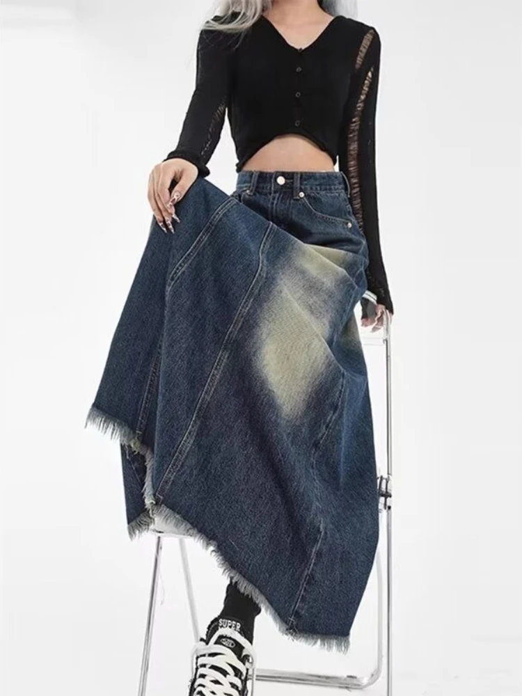 Vintage American High Waist Loose Denim Skirt Spring Summer Irregular Patchwork Hem A Line Skirt For Women​