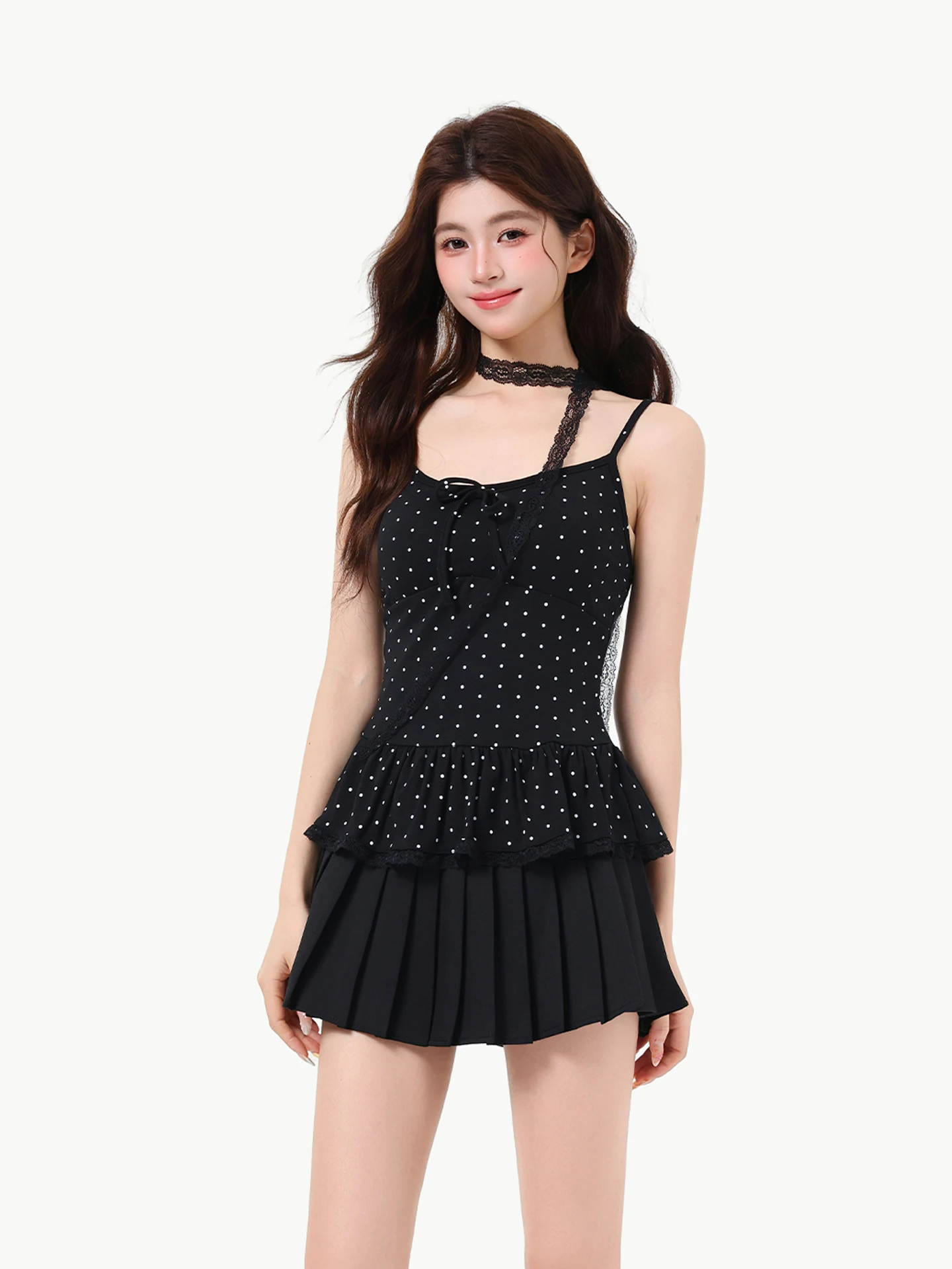 Korean Polka Dot Lace Trim Camisole Women's Slim Fit Outerwear Top Summer New Style Bell Bottoms Scarf Neckline U-Neck Sleeve...