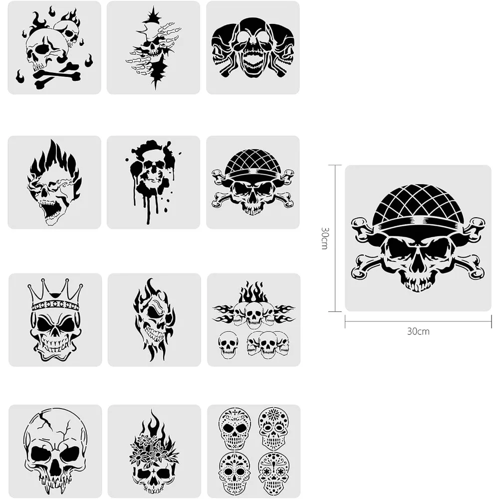 12PCS Skull Pattern Plastic Drawing Templates, 12x12 Inch Halloween Theme Painting Template Stencil for Scrabooking Card Making