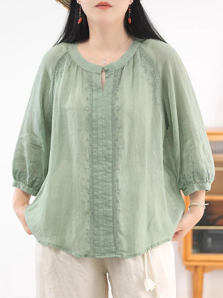 

100% Linen Women Casual Blouse Shirt New Arrival 2025 Summer Vintage Style Floral Embroidery Loose Female Tops Shirts T700