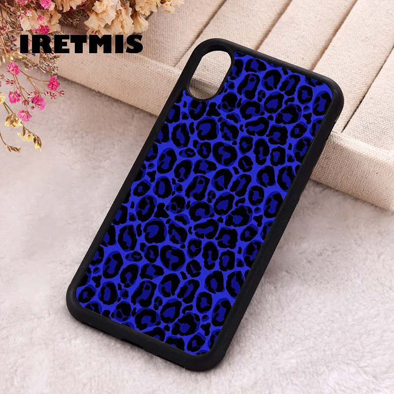 Iretmis Phone Cover Case For iPhone X XS Max XR 11 12 13 PRO MINI 14 15 16 Plus Rubber Blue Leopard Cheetah Skin Pattern