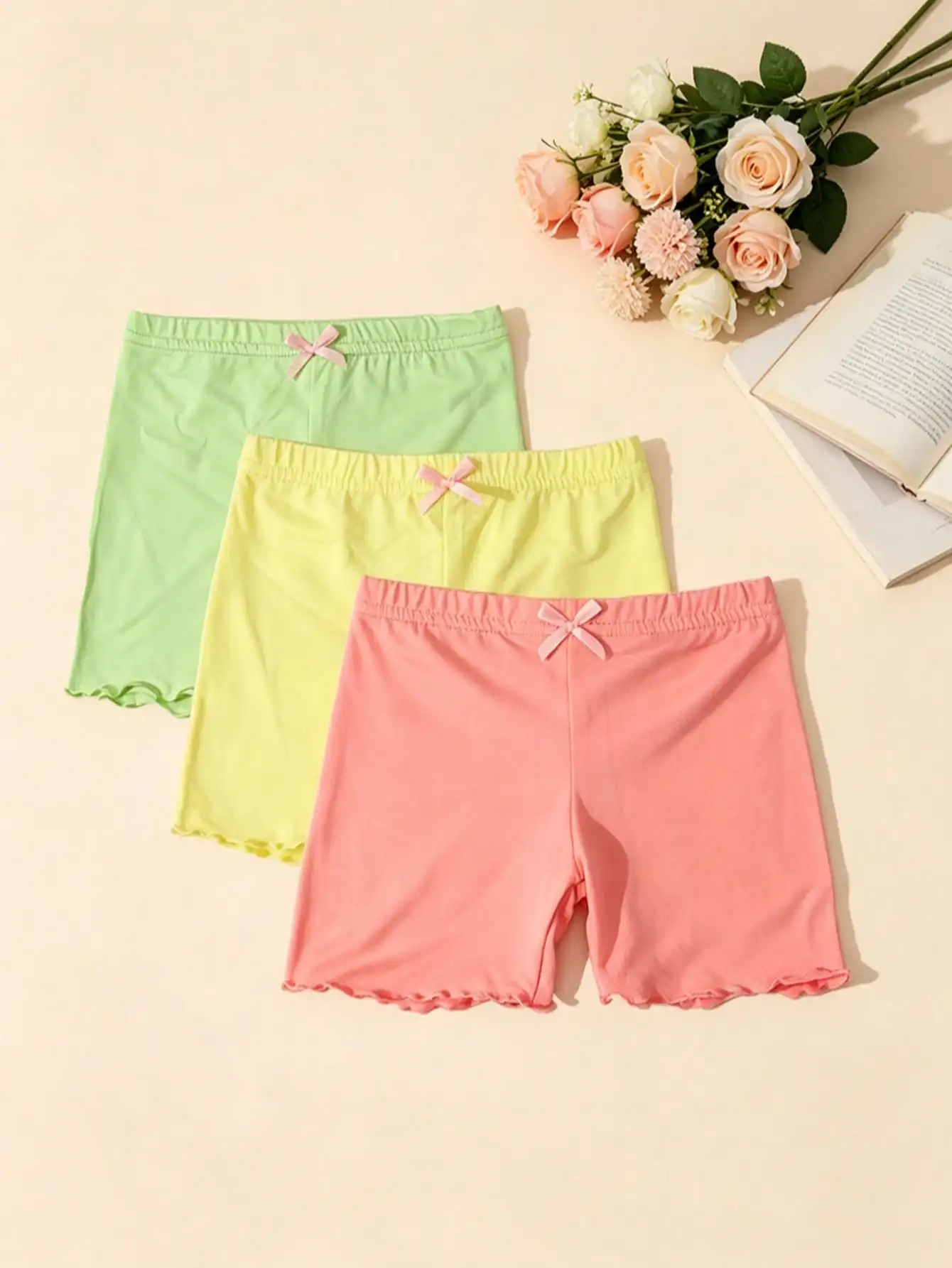 Kids Girls 2-11Y 3Pcs Bowknot Decor Shorts Soft Stretchy Polyester Spandex Elastic Waist Bike Shorts Casual Summer Daily Wear