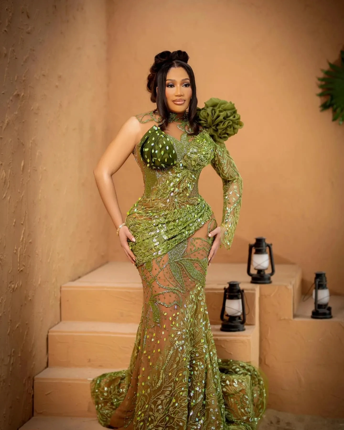 Green Floral Designs Beaded Prom Gown Long Sleeves One Shoulder Evening Dresses Sheer Appliques Custom Made Mermaid Formal Dress