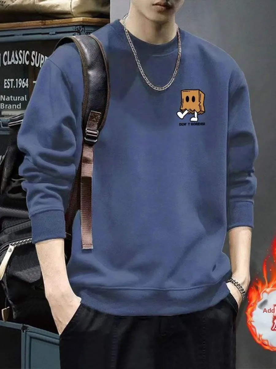 

Новая повседневная утепленная толстовка с длинными рукавами и капюшоном, осенне-зимняя универсальная толстовка с круглым вырезом и принтом для молодых мужчин