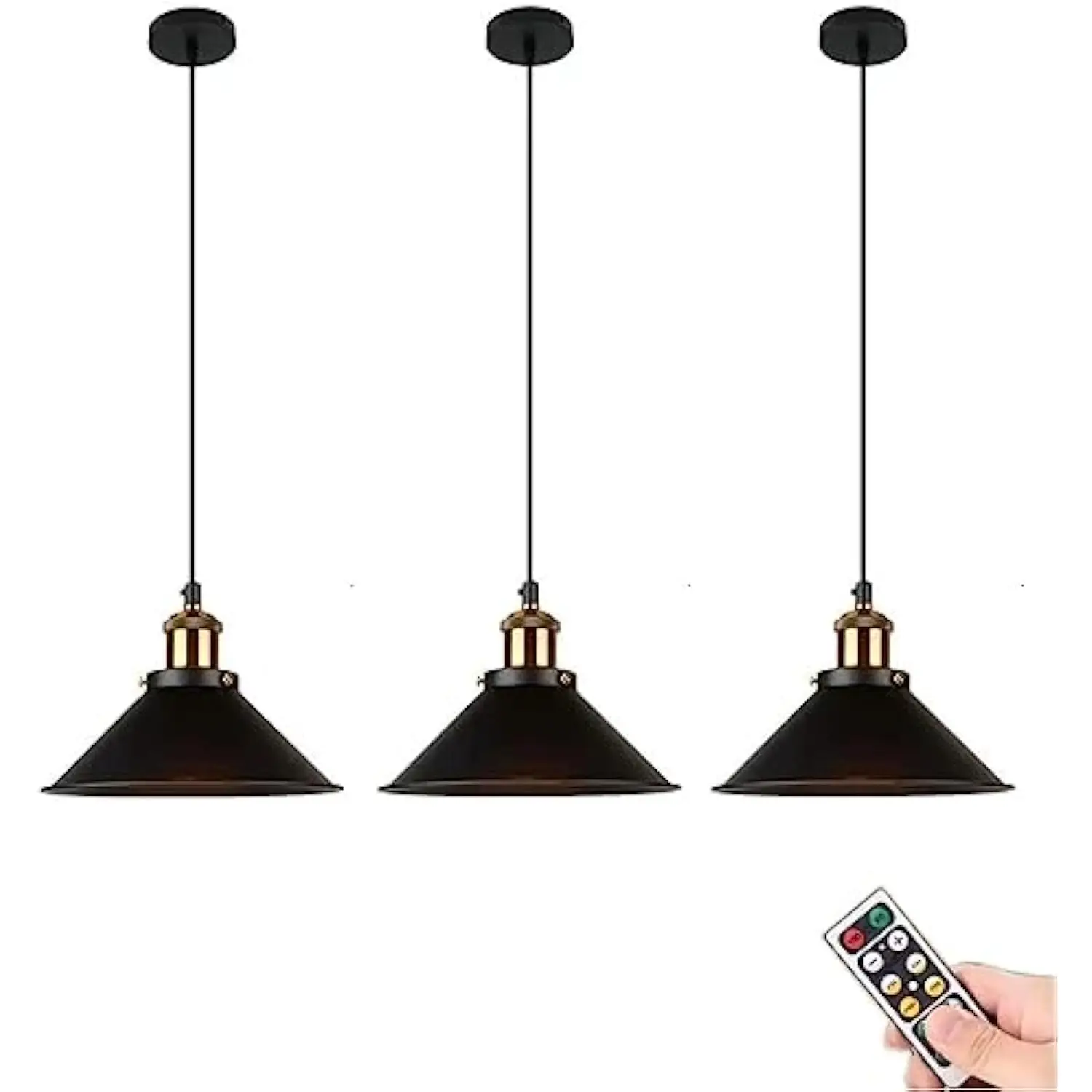 

3 Pack Battery Operated Pendant Light with Remote, Indoor Black No Wiring Ceiling Hanging Lamp, Vintage Wireless Pendant Lighting