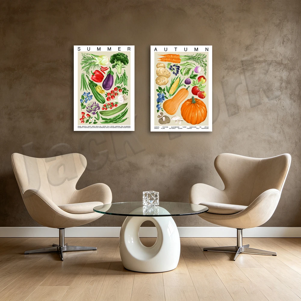 Fruits and vegetables, healthy living, grow your own, allotment table, pumpkin, rhubarb, kale, strawberry diet seasonal poster