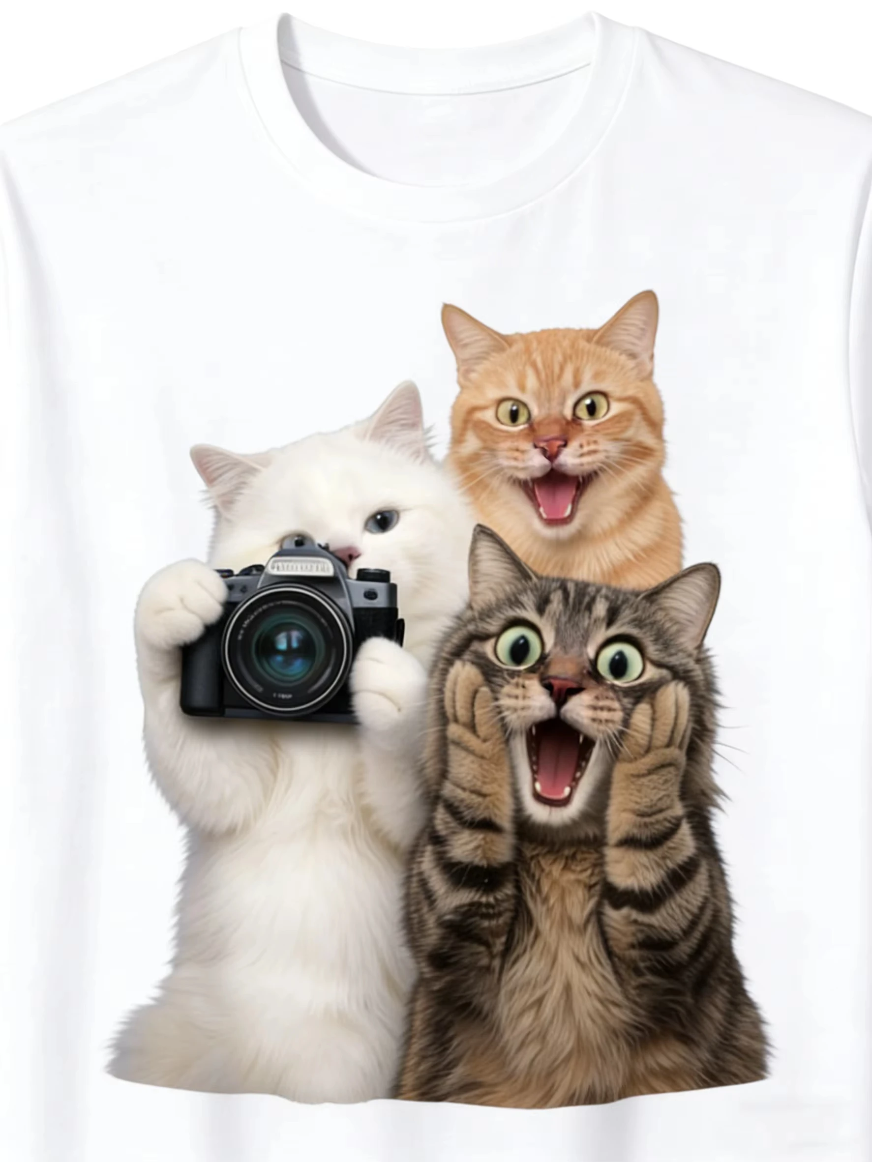 Men Women Funny Surprised Cat Lady Photo Graphic T Shirt Comfortable Plus Size Short Sleeve Casual Home Tee