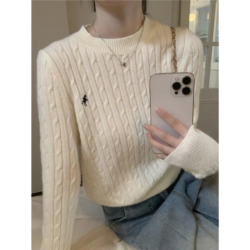 Knitted Sweater Women Embroidery Fried Dough Twists Slim Long Sleeve Top Pullover