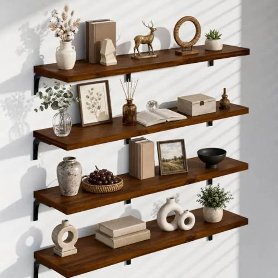 

12 Inch Deep Floating Shelves Set of 4, 60 Inch Extra Long Solid Wood Wall Shelves, 5Feet Heavy Duty Farmhouse Wall Mounted She