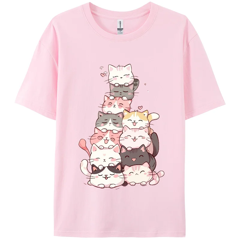 Cute Cat Print TShirt,Y2K, Summer Casual T-shirts, Berserk Women Short T-shirts, Short Sleeve,100%Cotton, Holiday wear,For Girl