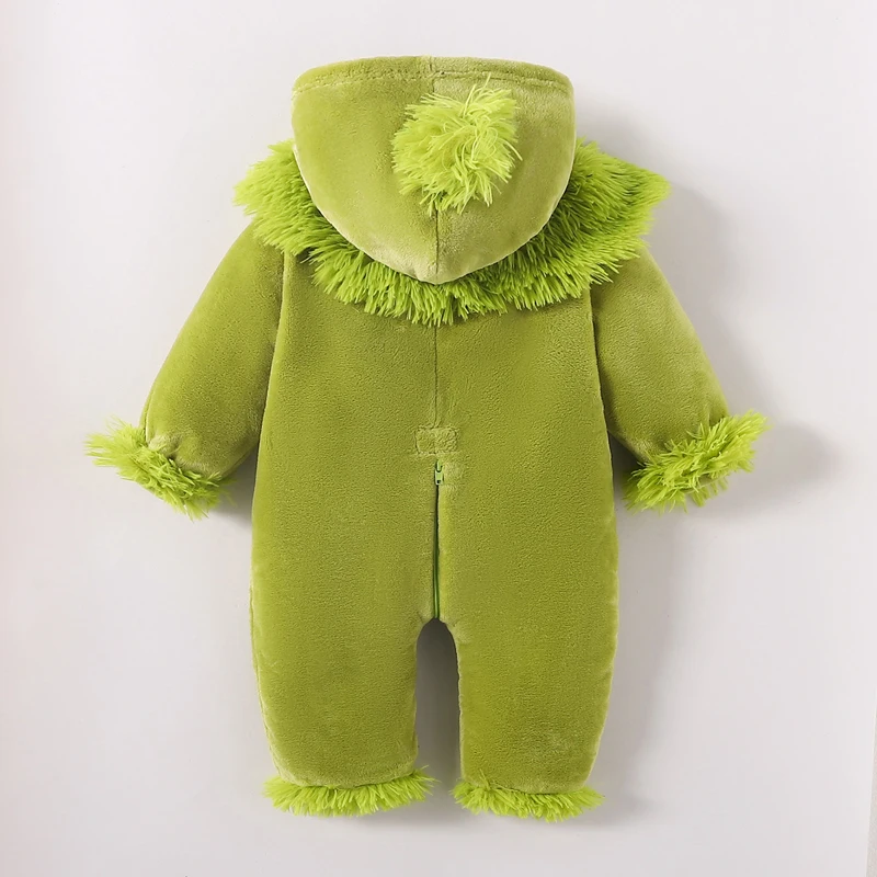 Tenue de Noël à capuche pour bébé garçon et fille, combinaison à fermeture éclair, barboteuse à fourrure, monstre vert, vêtements de Noël