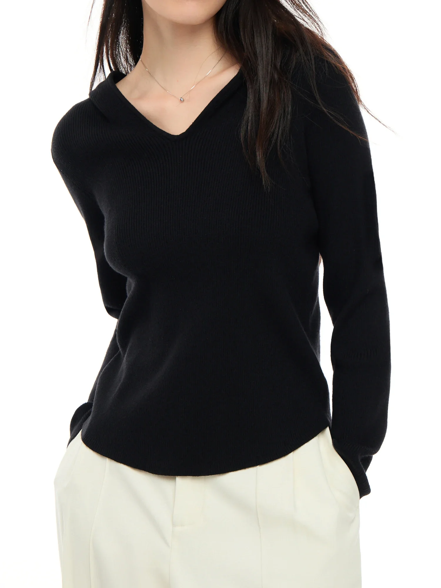 DUSHU-Pull à capuche et col en V pour femme, pulls en tricot noir, manches longues, mince, automne, Y-24DS83011, 2024