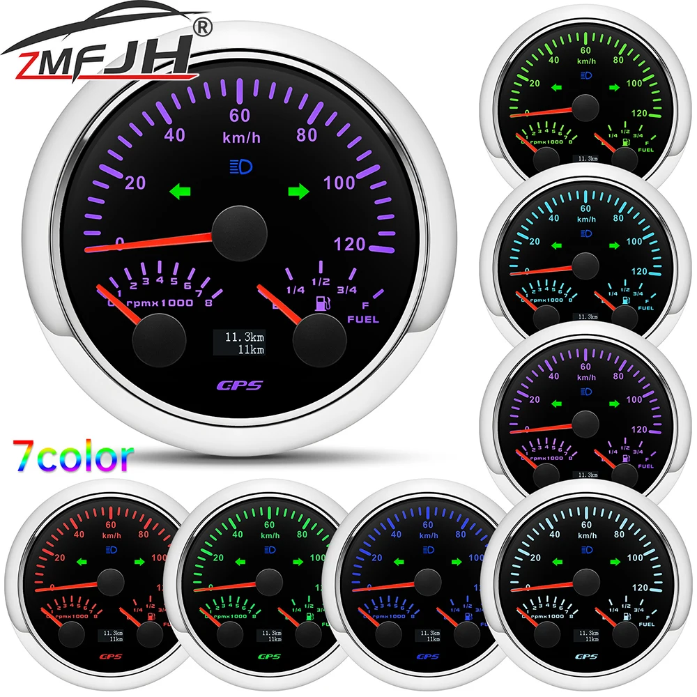 7 Color Backlight GPS Speedometer Tachometer Fuel Level Meter 3 In 1 Gauge 85mm 0-120/200 KMH MPH Speed Gauge For Marine Car