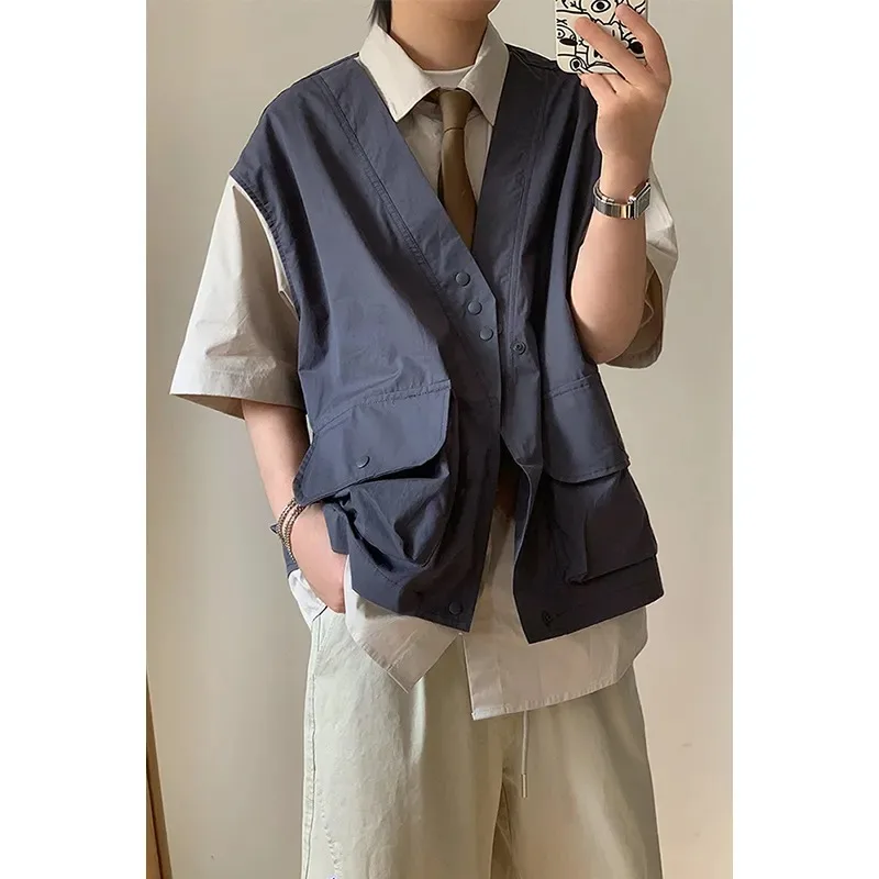 

Men's Japanese Retro Patchwork Fake Two-Piece Vest Shirt Short Sleeve Casual Workwear Jacket
