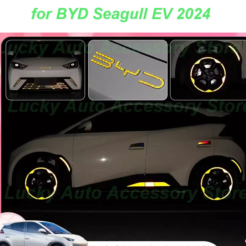 Car Wheels Reflective Warning Stickers for BYD Seagull EV 2024 Car Logo Reflective Strip Rearview Mirror Exterior Accessories