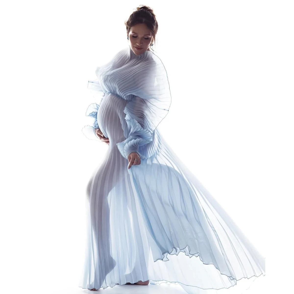 Sky Blue Maternity Dresses for Photoshoot Pleated Transparent Babyshower Prom Gowns Pleated Organza Pregnancy Dress Sleeves