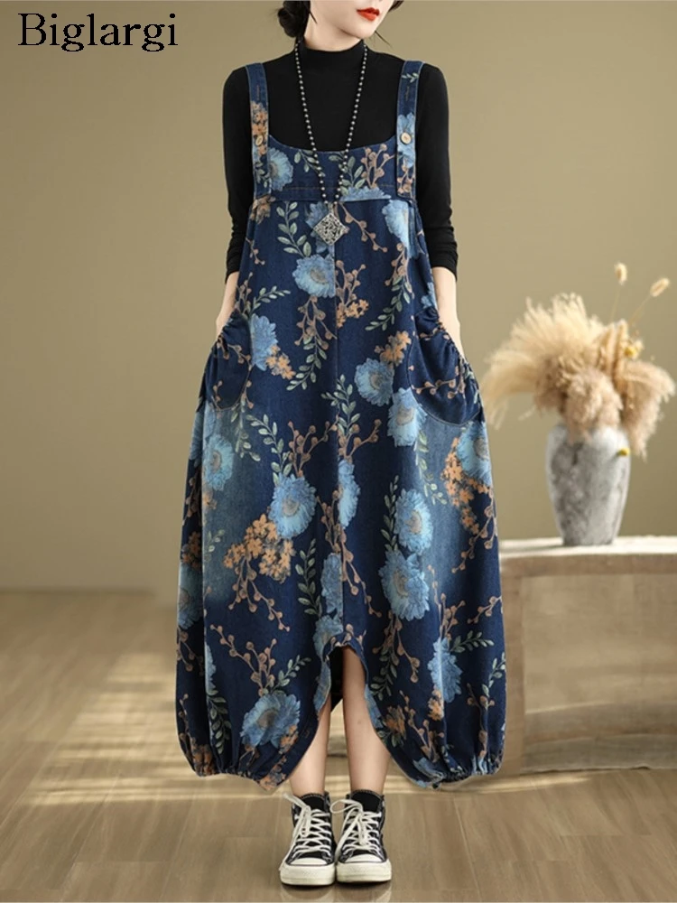 

Oversized Jeans Autumn Overalls Pant Women Flower Floral Print Fashion Ladies Overalls Trousers Casual Loose Woman Pants