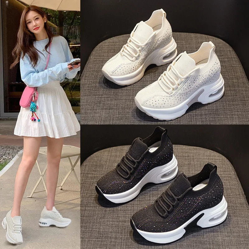 8 Cm Increase Women's Shoes Mesh Surface Breathable Hollow Leisure Sports 2024 Spring /autumn Light Small White Shoes Thick Sole