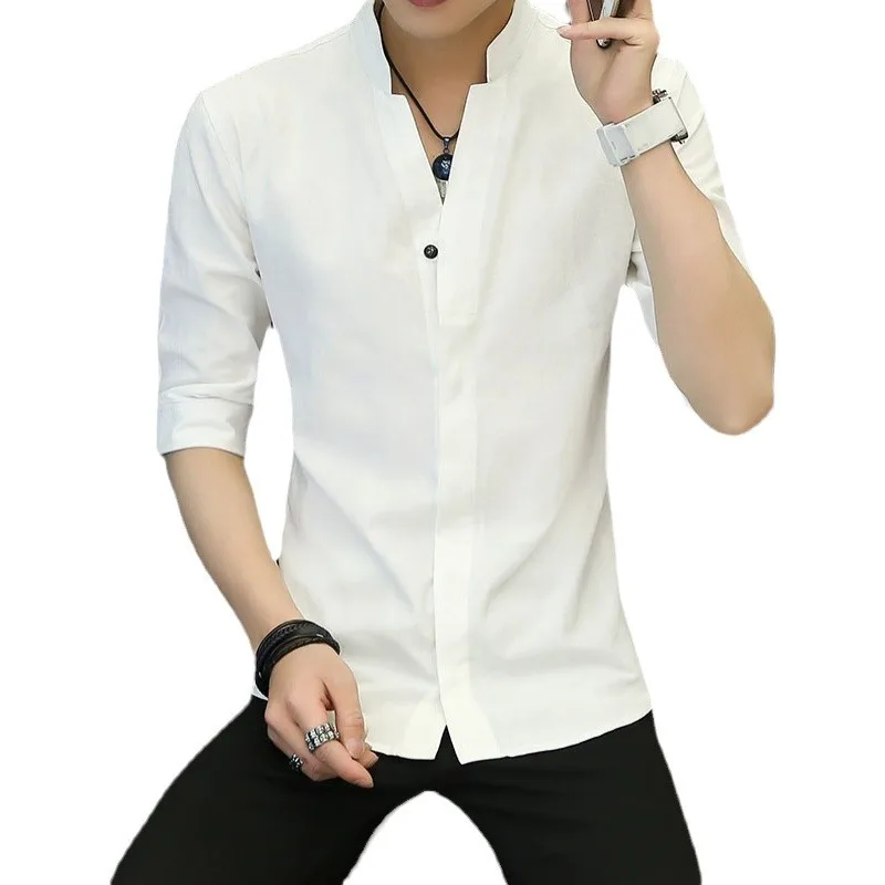 

Summer Linen Stand Collar Men Short Korean Style Slim Fit Trendy Casual Handsome Three Quarter Half Sleeve White Shirt