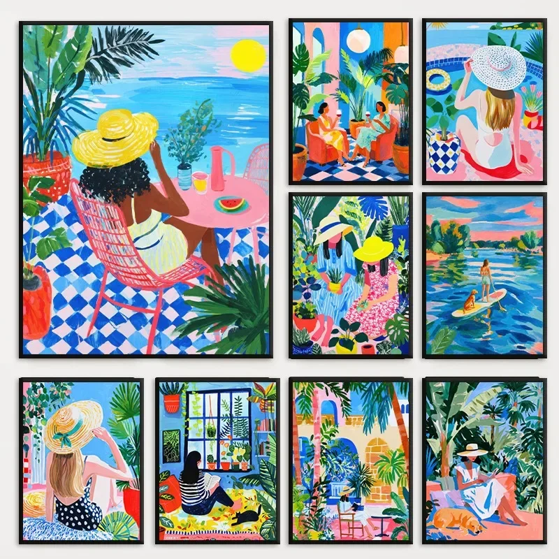 1pc frameless Canvas Painting Summer Woman in Mediterranean Sea View Poster Colorful Coastal  Tropical Canvas Painting Wall Art