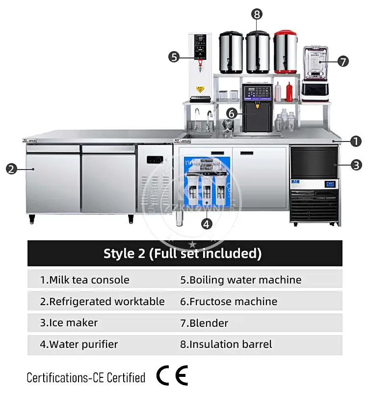 Customized 304 Stainless Steel Full Set Bubble Tea Machine Work Table With Refrigerator Cabinet For Milk Tea Shop Design