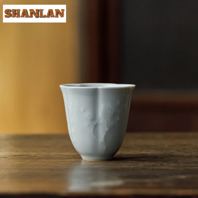 

80ml Relief Sky Blue Ru Kiln Porcelain Teacup Aesthetic Tea Bowl Tea Cup Set Tea-tasting Smelling Cup Jianzhan Master Cup Teaset