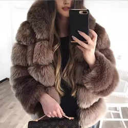 Veste en fausse fourrure de renard pour femme, manteau court, vestes en fourrure, épissage, optique, chaud, café, automne, hiver, élégant