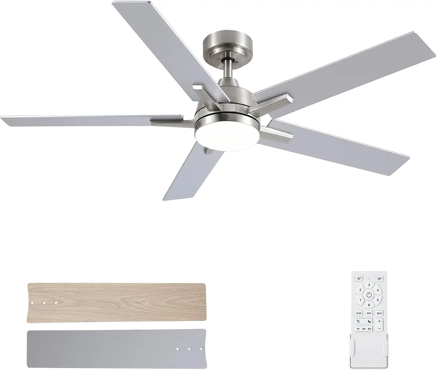 

52 inch Ceiling Fan with Lights and Remote Control, Brushed Nickel, Reversible, Dimmable, 3CCT, Noiseless for Bedroom