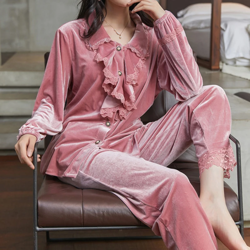 Pink Velvet Women's Pajama Sleepwear Autumn Winter New Trouser Suits Pyjama Pour Femme Elegant Loose Velour Home Wear Loungewear