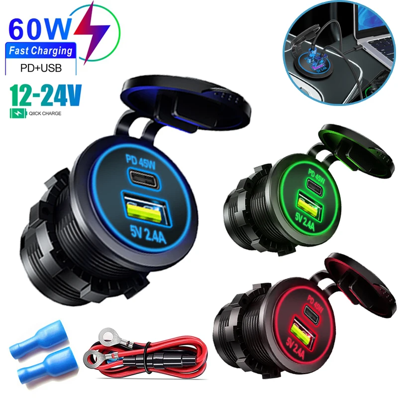 60W Quick Charge 3.0 Dual Ports Fast Car Charger Socket Waterproof 12V/24V Power Outlet with Touch Switch & Led Light Waterproof