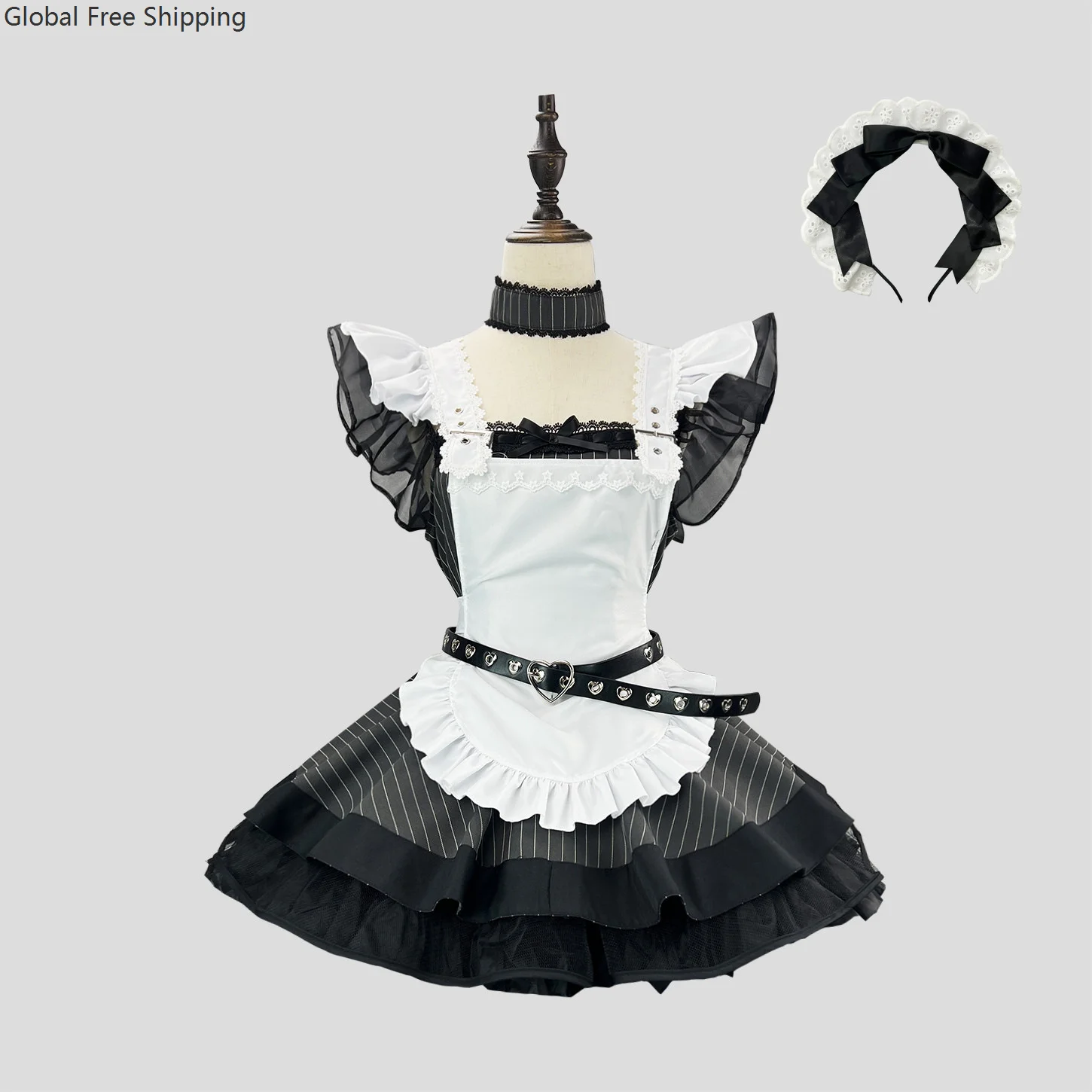 

New Arrival Retro Black And White Striped Lolita Maid Costume Subculture Japanese Cute Apron Suit Sexy Coffee Maid Cosplay Dress