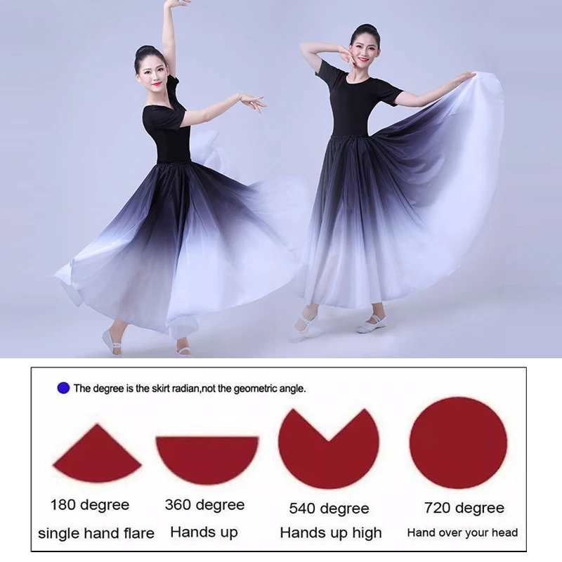 180/360/720 Degree Women Elegant Gradient Dance Skirts Classical Dance Performance Costume Big Swing Dance Practice Long Skirts