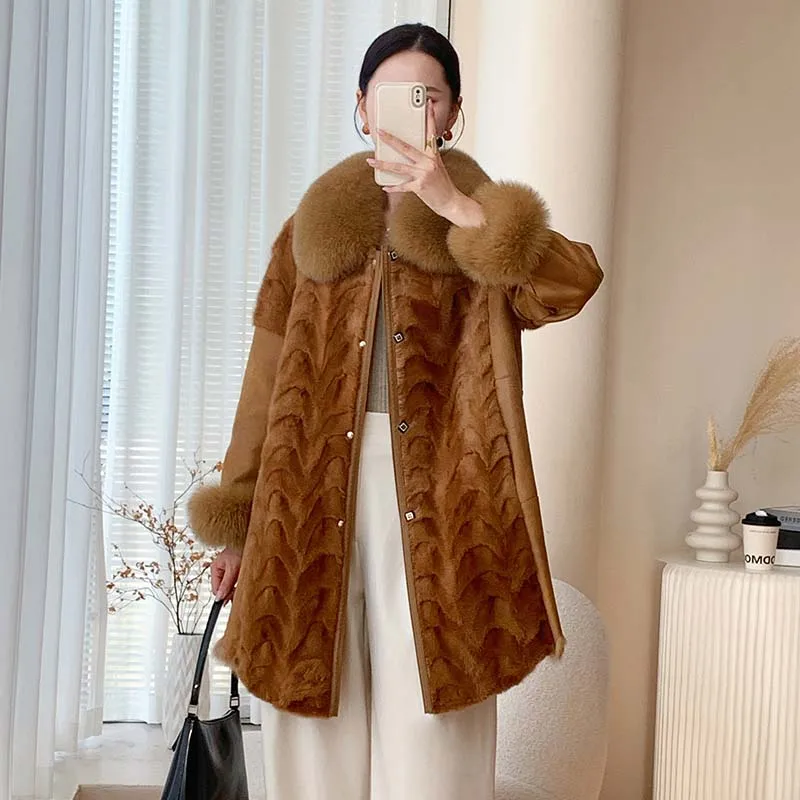 Popular high-end fox fur collar women's long coat autumn and winter fashion new mink fur coat