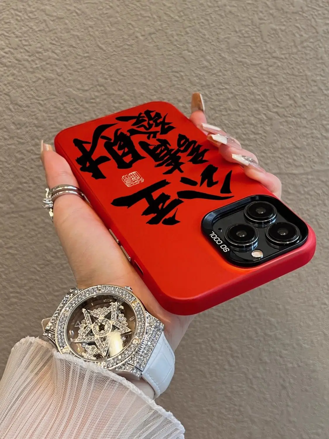 Chinese Style Princess Get Rich Red Case for iPhone 15 14 13 Pro Max Back Phone Cover for 12 11 Pro Plus 8 7 X XS Acrylic Cover