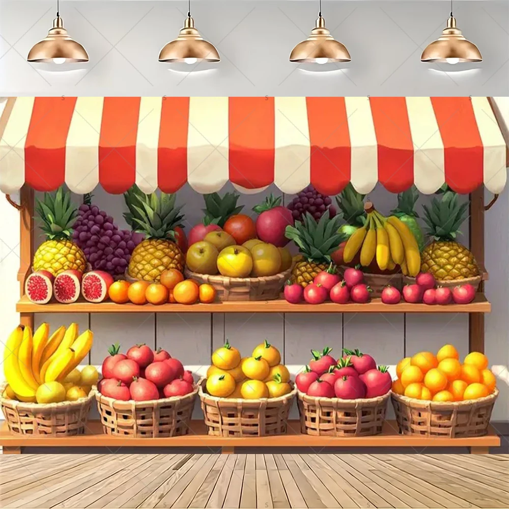 カラフルなスーパーマーケットの棚の背景、新鮮な果物や野菜、食 - Party Event Supply Store のレビューと価格